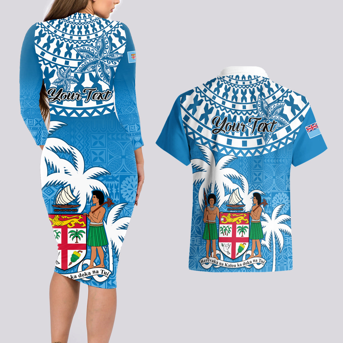 Personalised Fiji Couples Matching Long Sleeve Bodycon Dress and Hawaiian Shirt Bula Fijian Tapa Pattern - Wonder Print Shop