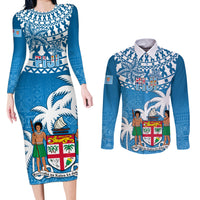 Personalised Fiji Couples Matching Long Sleeve Bodycon Dress and Long Sleeve Button Shirts Bula Fijian Tapa Pattern - Wonder Print Shop