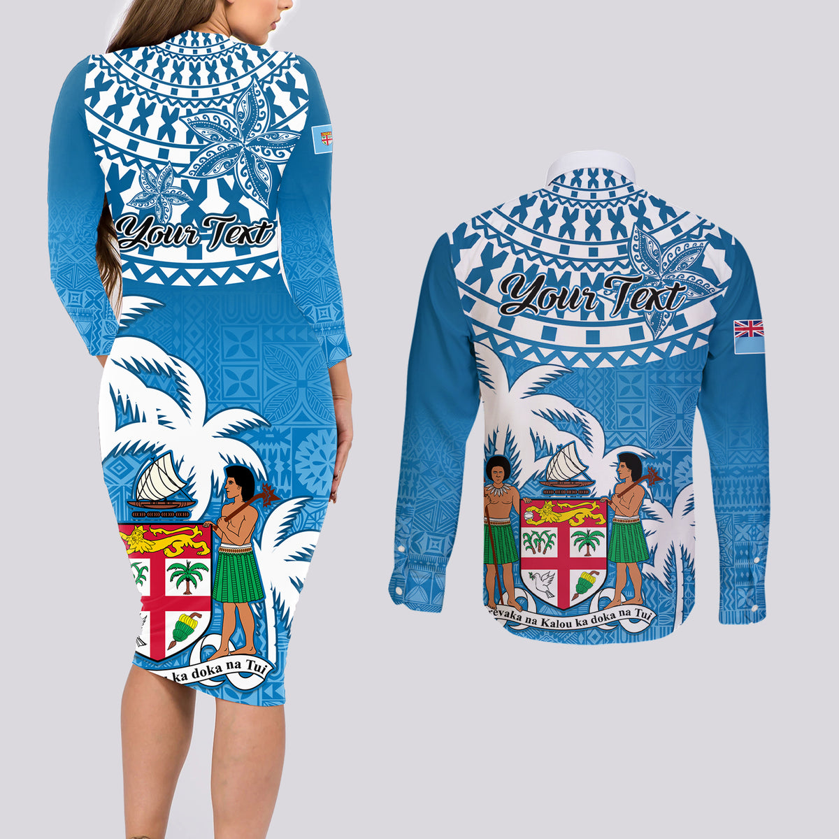 Personalised Fiji Couples Matching Long Sleeve Bodycon Dress and Long Sleeve Button Shirts Bula Fijian Tapa Pattern - Wonder Print Shop