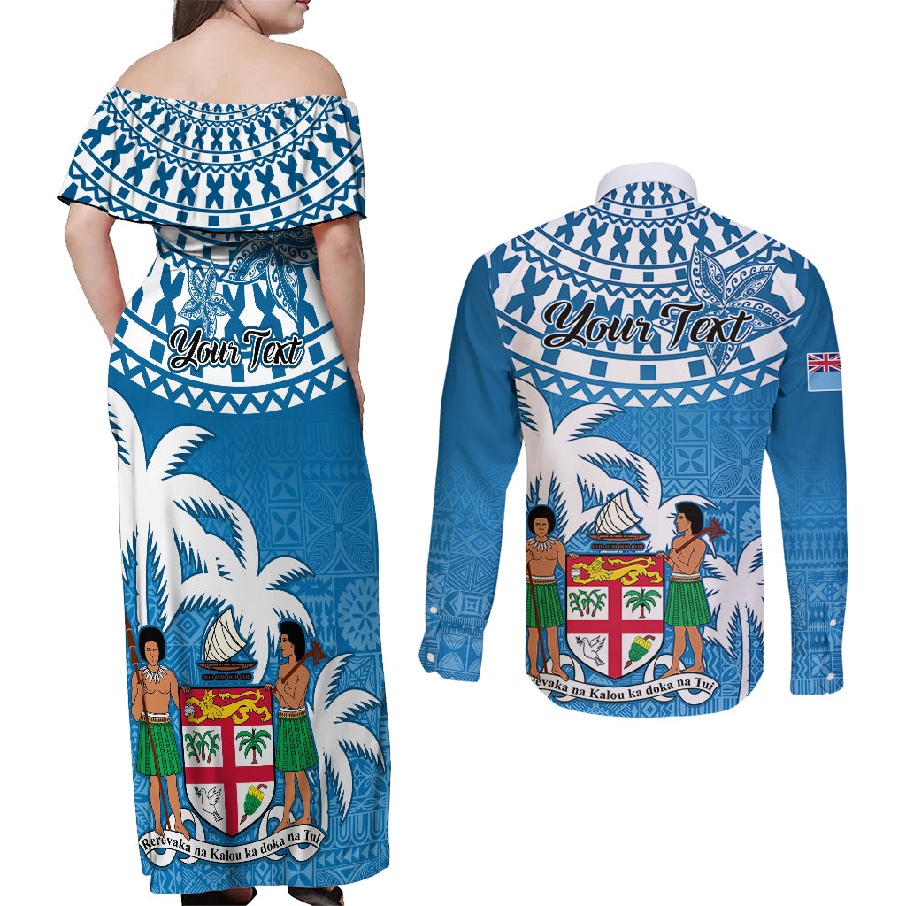 Personalised Fiji Couples Matching Off Shoulder Maxi Dress and Long Sleeve Button Shirts Bula Fijian Tapa Pattern - Wonder Print Shop