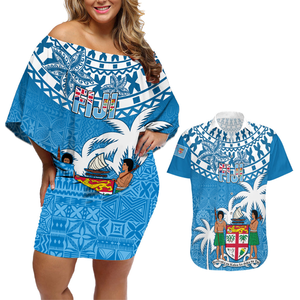Personalised Fiji Couples Matching Off Shoulder Short Dress and Hawaiian Shirt Bula Fijian Tapa Pattern - Wonder Print Shop