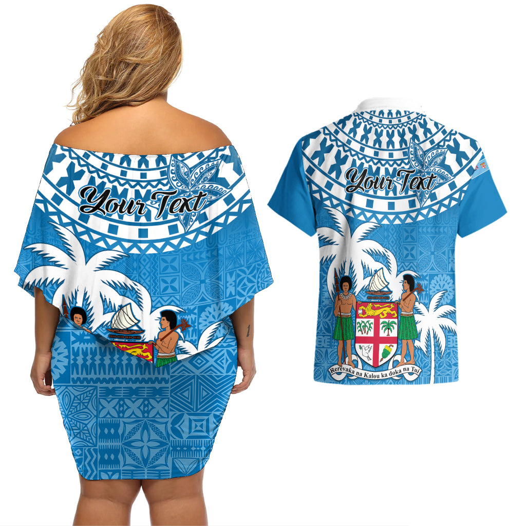 Personalised Fiji Couples Matching Off Shoulder Short Dress and Hawaiian Shirt Bula Fijian Tapa Pattern - Wonder Print Shop
