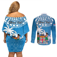 Personalised Fiji Couples Matching Off Shoulder Short Dress and Long Sleeve Button Shirts Bula Fijian Tapa Pattern - Wonder Print Shop