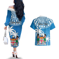 Personalised Fiji Couples Matching Off The Shoulder Long Sleeve Dress and Hawaiian Shirt Bula Fijian Tapa Pattern - Wonder Print Shop