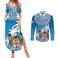 Personalised Fiji Couples Matching Summer Maxi Dress and Long Sleeve Button Shirts Bula Fijian Tapa Pattern - Wonder Print Shop