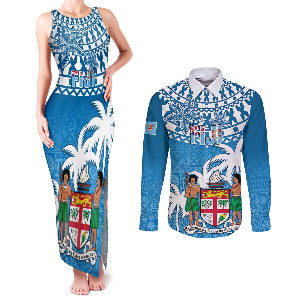 Personalised Fiji Couples Matching Tank Maxi Dress and Long Sleeve Button Shirts Bula Fijian Tapa Pattern - Wonder Print Shop