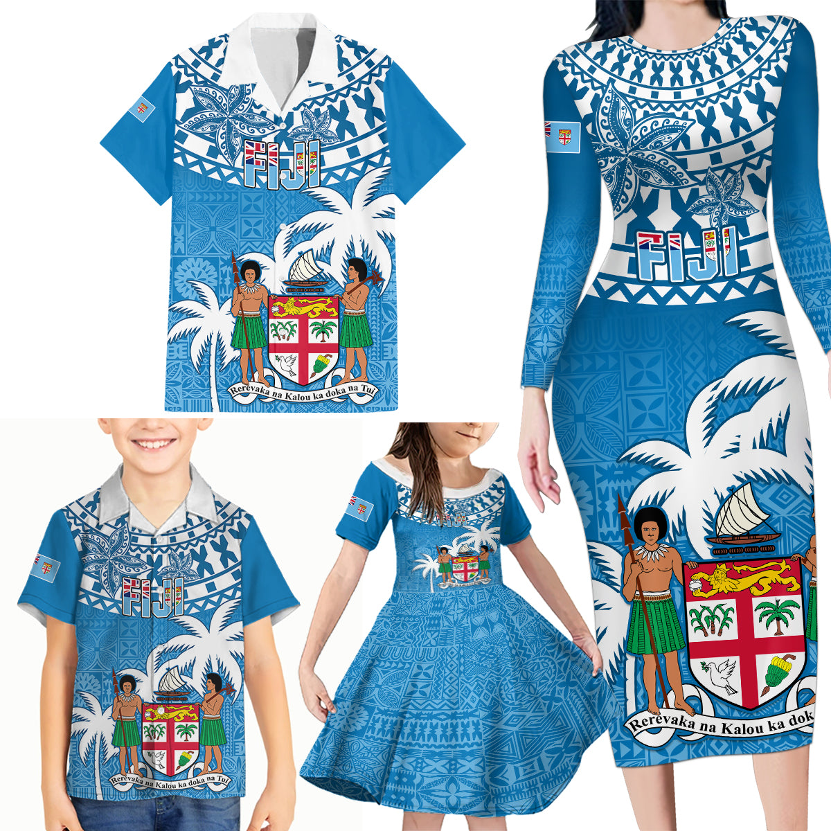 Personalised Fiji Family Matching Long Sleeve Bodycon Dress and Hawaiian Shirt Bula Fijian Tapa Pattern - Wonder Print Shop