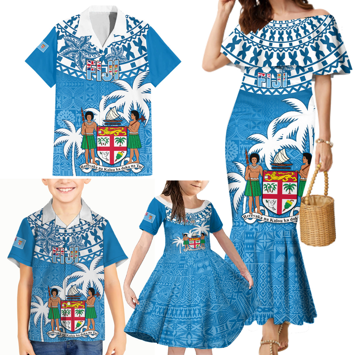 Personalised Fiji Family Matching Mermaid Dress and Hawaiian Shirt Bula Fijian Tapa Pattern - Wonder Print Shop