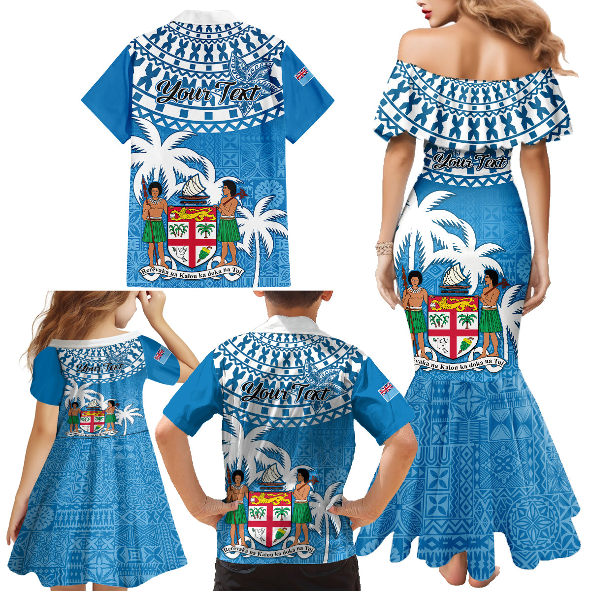 Personalised Fiji Family Matching Mermaid Dress and Hawaiian Shirt Bula Fijian Tapa Pattern - Wonder Print Shop