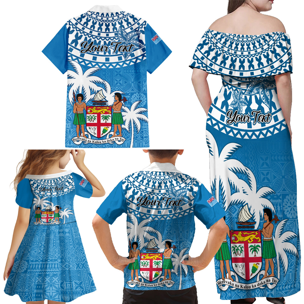 Personalised Fiji Family Matching Off Shoulder Long Sleeve Dress and Hawaiian Shirt Bula Fijian Tapa Pattern - Wonder Print Shop