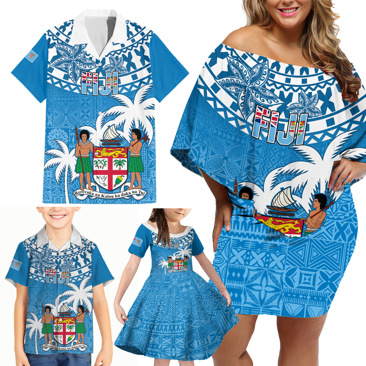 Personalised Fiji Family Matching Off Shoulder Short Dress and Hawaiian Shirt Bula Fijian Tapa Pattern - Wonder Print Shop