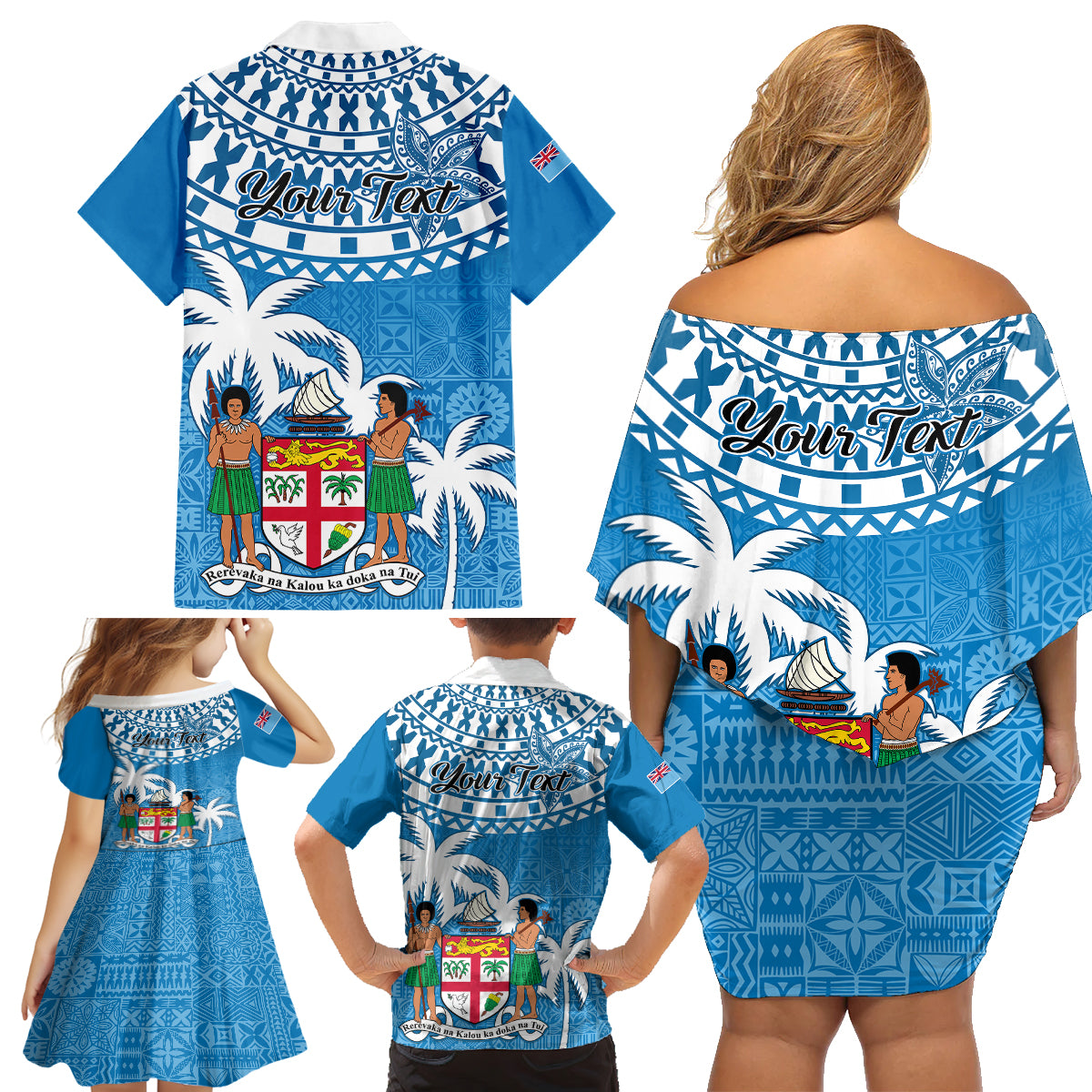 Personalised Fiji Family Matching Off Shoulder Short Dress and Hawaiian Shirt Bula Fijian Tapa Pattern - Wonder Print Shop