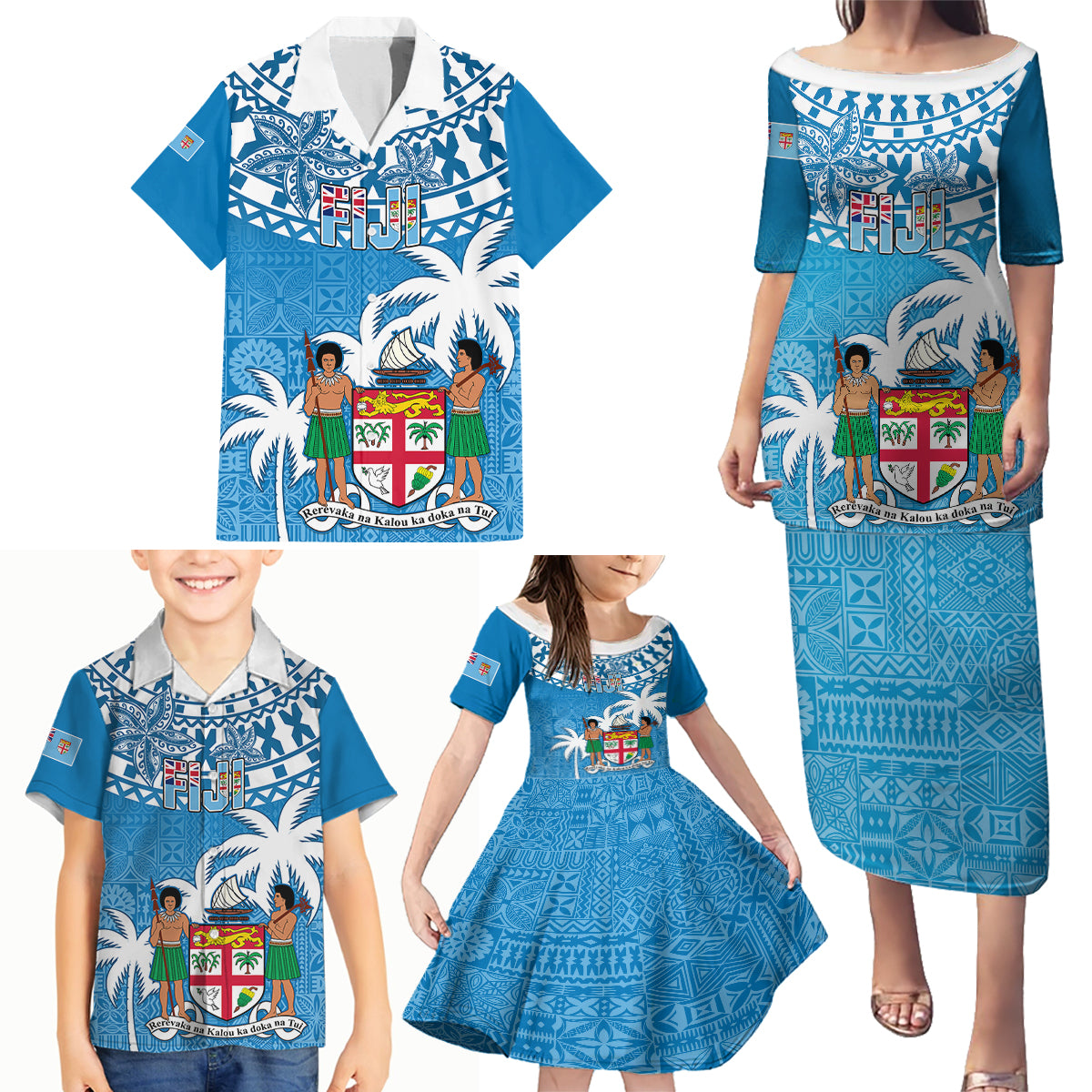 Personalised Fiji Family Matching Puletasi Dress and Hawaiian Shirt Bula Fijian Tapa Pattern - Wonder Print Shop