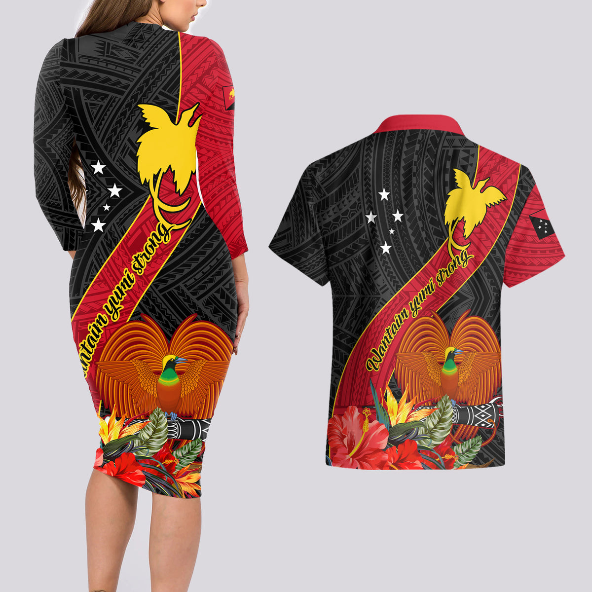 Papua New Guinea Couples Matching Long Sleeve Bodycon Dress and Hawaiian Shirt Bird Of Paradise With Tropical Flower - Wonder Print Shop