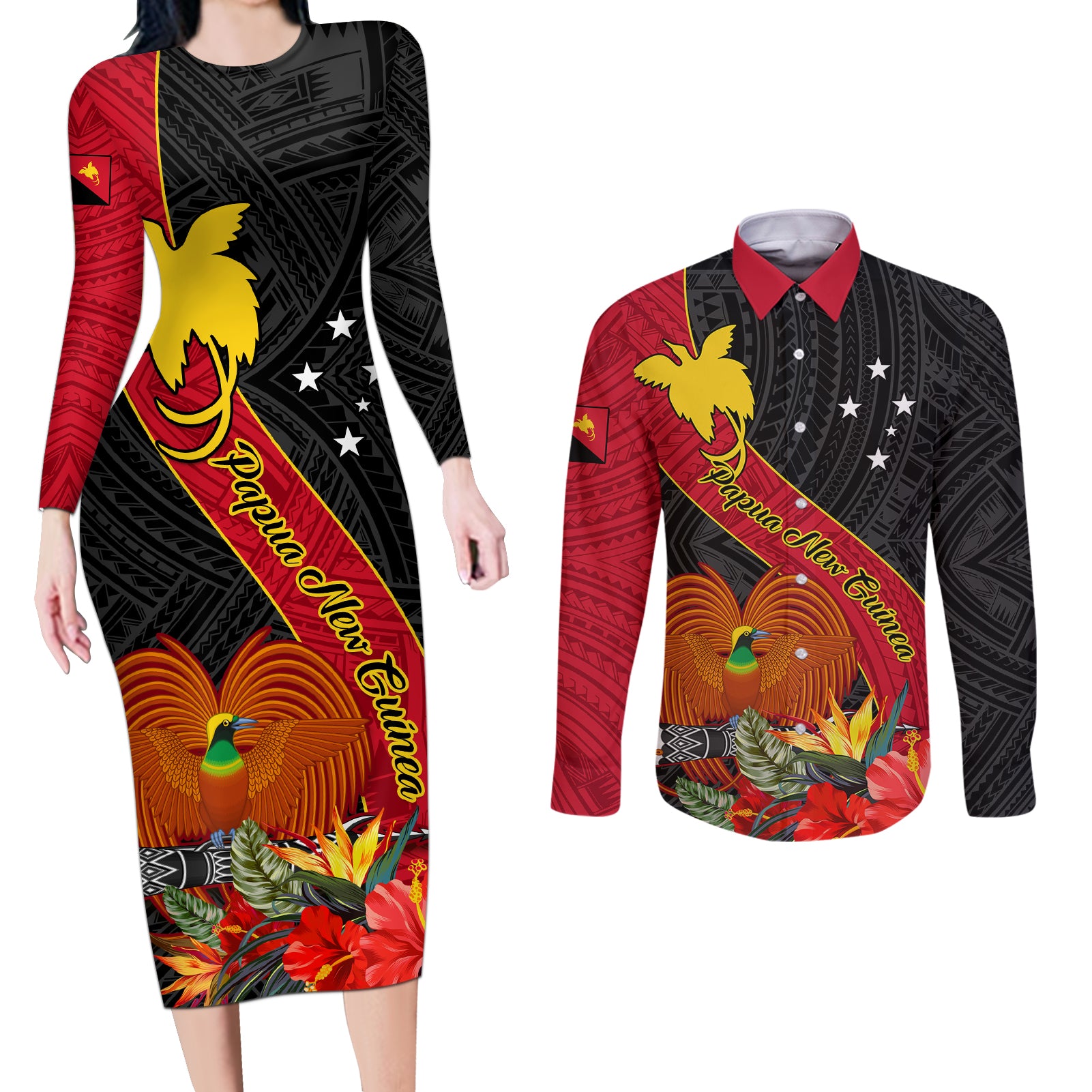 Papua New Guinea Couples Matching Long Sleeve Bodycon Dress and Long Sleeve Button Shirts Bird Of Paradise With Tropical Flower - Wonder Print Shop
