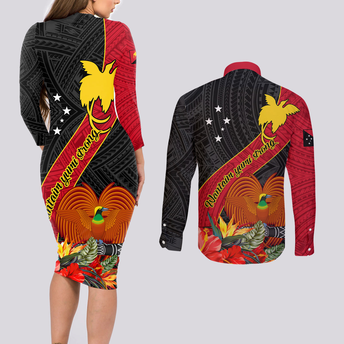 Papua New Guinea Couples Matching Long Sleeve Bodycon Dress and Long Sleeve Button Shirts Bird Of Paradise With Tropical Flower - Wonder Print Shop