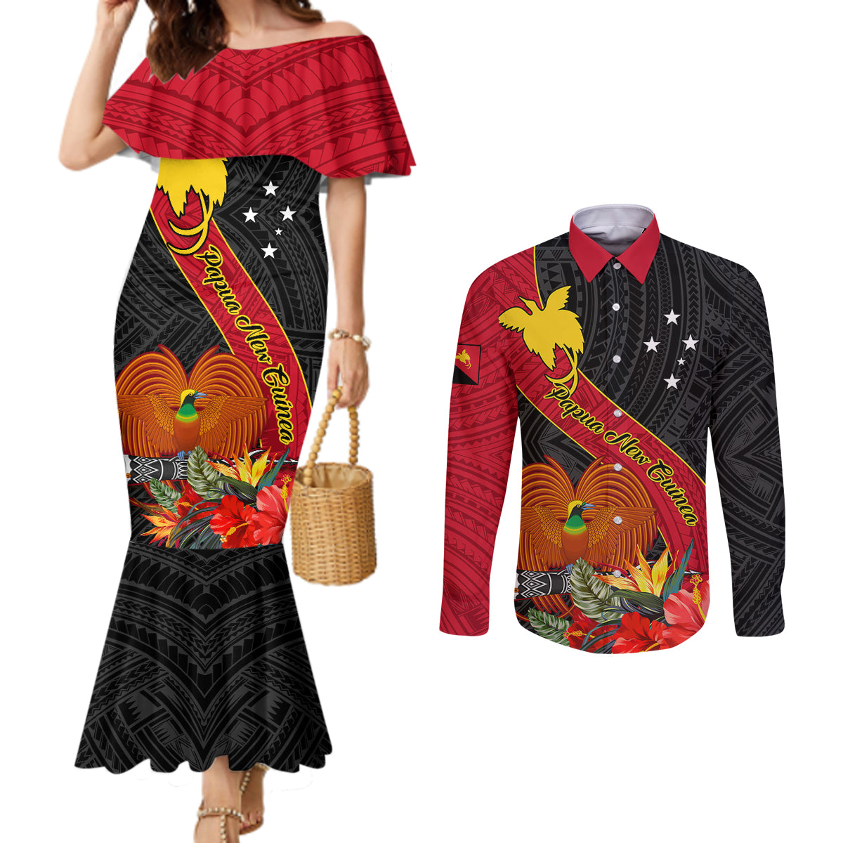 papua-new-guinea-couples-matching-mermaid-dress-and-long-sleeve-button-shirts-bird-of-paradise-with-tropical-flower