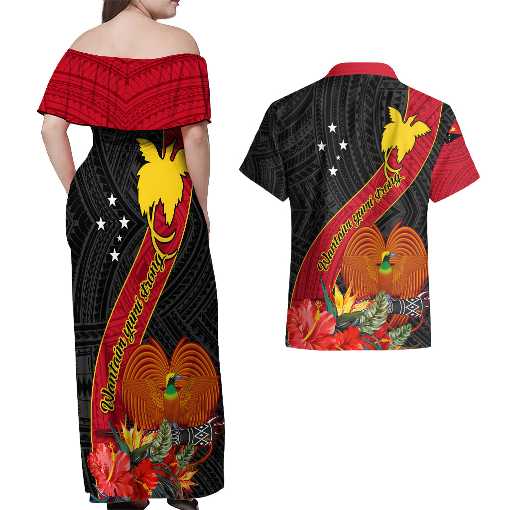 Papua New Guinea Couples Matching Off Shoulder Maxi Dress and Hawaiian Shirt Bird Of Paradise With Tropical Flower - Wonder Print Shop