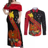 Papua New Guinea Couples Matching Off Shoulder Maxi Dress and Long Sleeve Button Shirts Bird Of Paradise With Tropical Flower - Wonder Print Shop