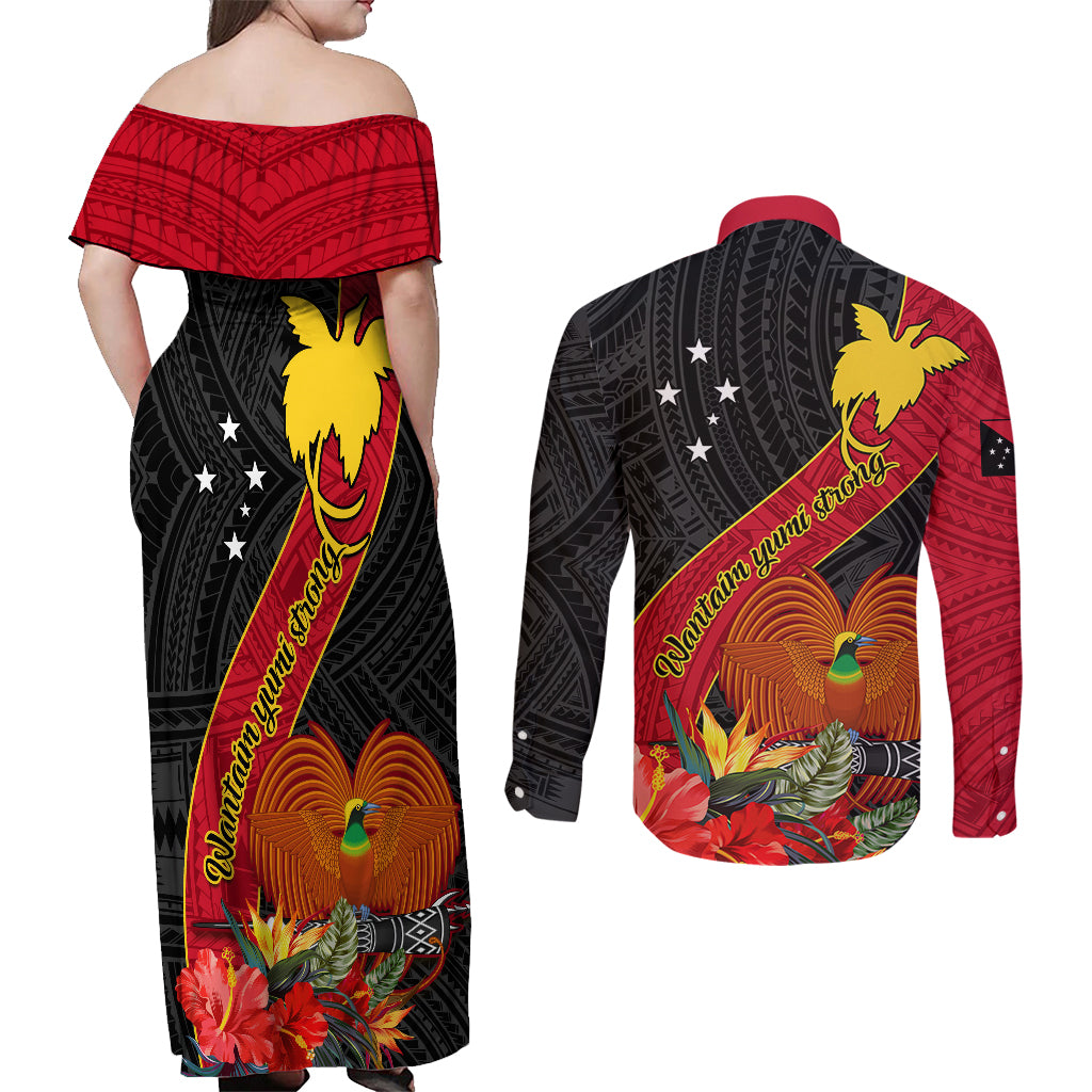 Papua New Guinea Couples Matching Off Shoulder Maxi Dress and Long Sleeve Button Shirts Bird Of Paradise With Tropical Flower - Wonder Print Shop