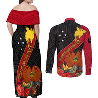 Papua New Guinea Couples Matching Off Shoulder Maxi Dress and Long Sleeve Button Shirts Bird Of Paradise With Tropical Flower - Wonder Print Shop