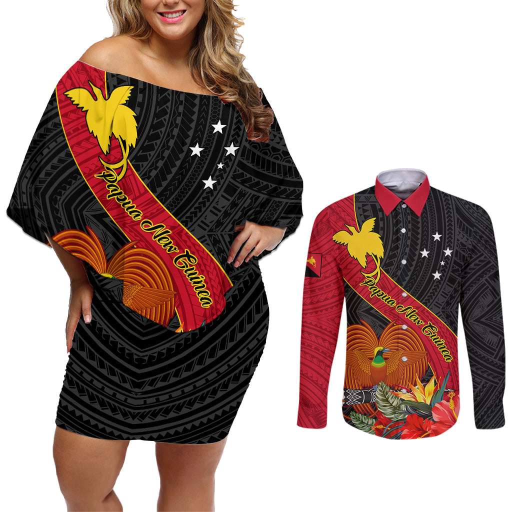 Papua New Guinea Couples Matching Off Shoulder Short Dress and Long Sleeve Button Shirts Bird Of Paradise With Tropical Flower - Wonder Print Shop