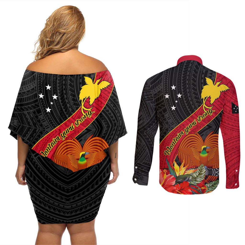 Papua New Guinea Couples Matching Off Shoulder Short Dress and Long Sleeve Button Shirts Bird Of Paradise With Tropical Flower - Wonder Print Shop