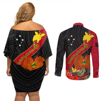 Papua New Guinea Couples Matching Off Shoulder Short Dress and Long Sleeve Button Shirts Bird Of Paradise With Tropical Flower - Wonder Print Shop