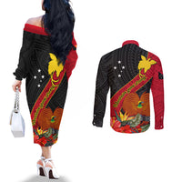 papua-new-guinea-couples-matching-off-the-shoulder-long-sleeve-dress-and-long-sleeve-button-shirts-bird-of-paradise-with-tropical-flower