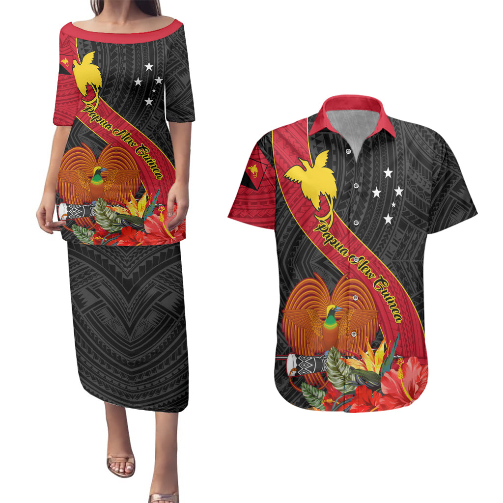Papua New Guinea Couples Matching Puletasi Dress and Hawaiian Shirt Bird Of Paradise With Tropical Flower - Wonder Print Shop