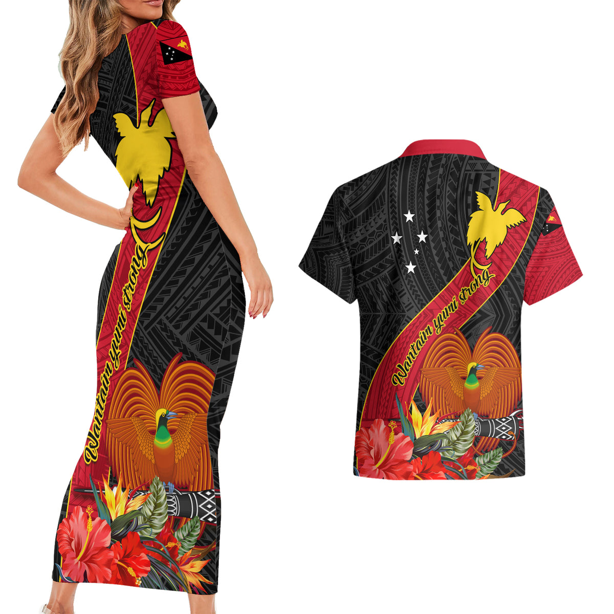 Papua New Guinea Couples Matching Short Sleeve Bodycon Dress and Hawaiian Shirt Bird Of Paradise With Tropical Flower - Wonder Print Shop