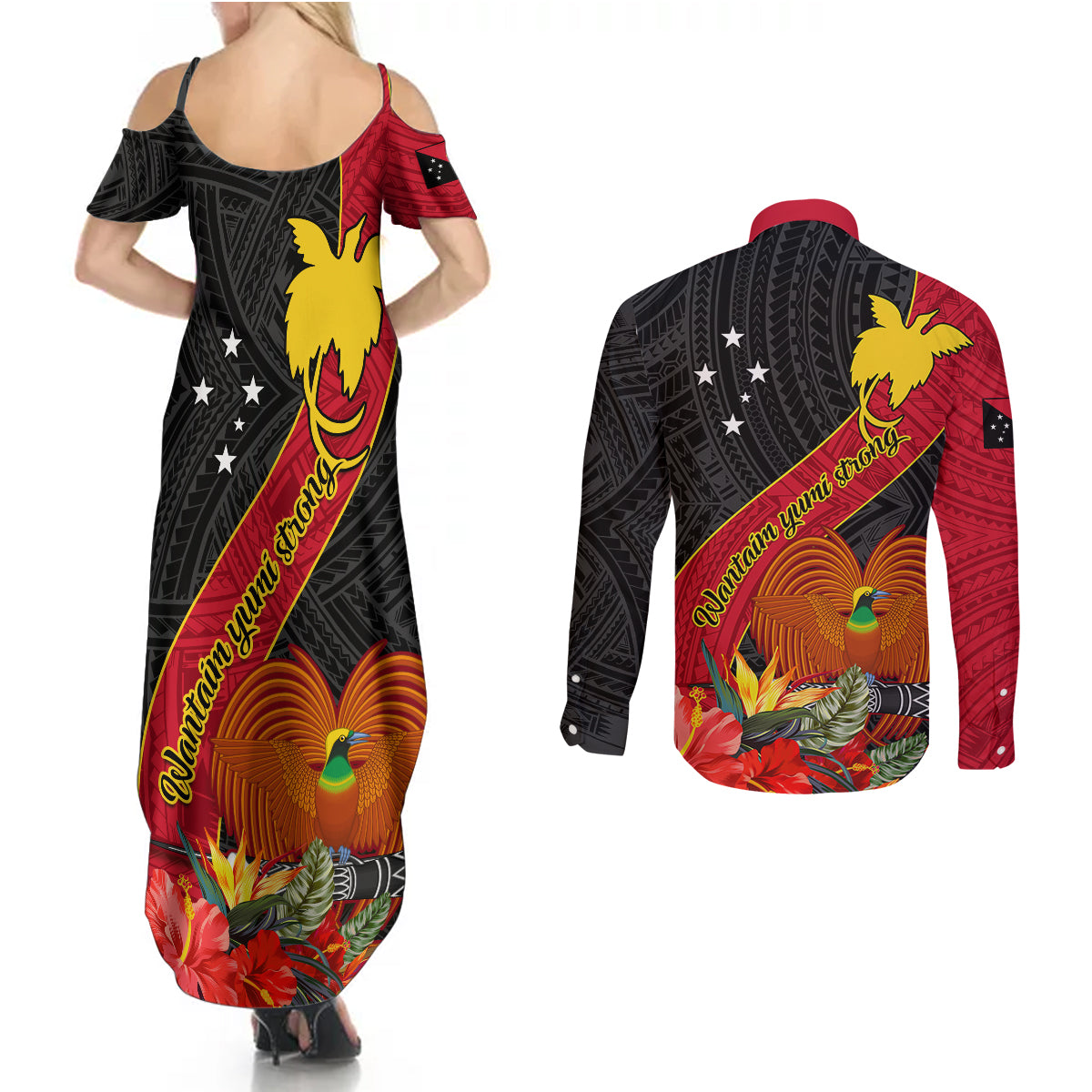 Papua New Guinea Couples Matching Summer Maxi Dress and Long Sleeve Button Shirts Bird Of Paradise With Tropical Flower - Wonder Print Shop