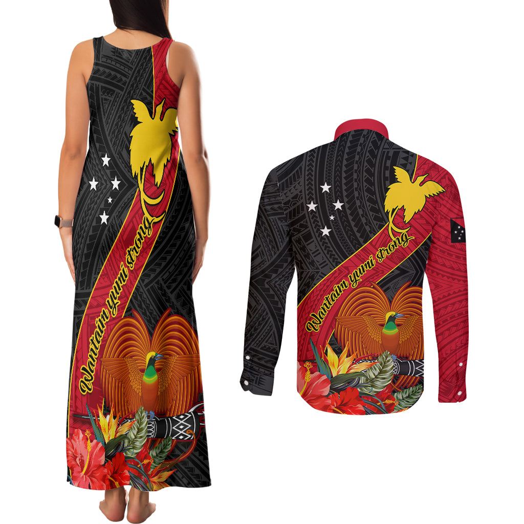 Papua New Guinea Couples Matching Tank Maxi Dress and Long Sleeve Button Shirts Bird Of Paradise With Tropical Flower - Wonder Print Shop