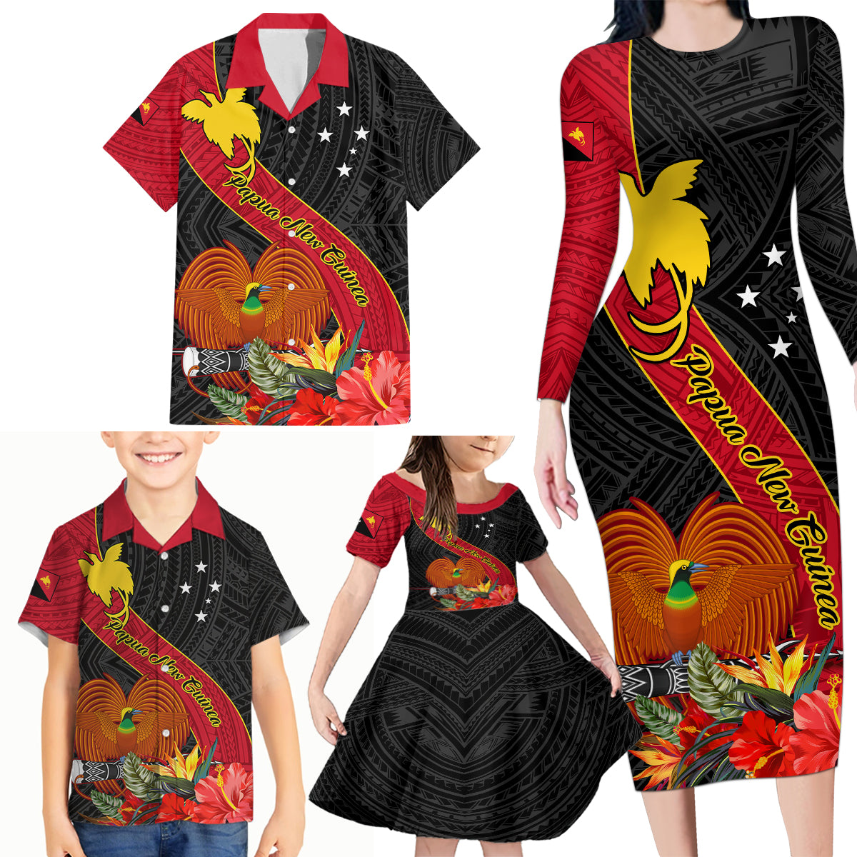 Papua New Guinea Family Matching Long Sleeve Bodycon Dress and Hawaiian Shirt Bird Of Paradise With Tropical Flower - Wonder Print Shop