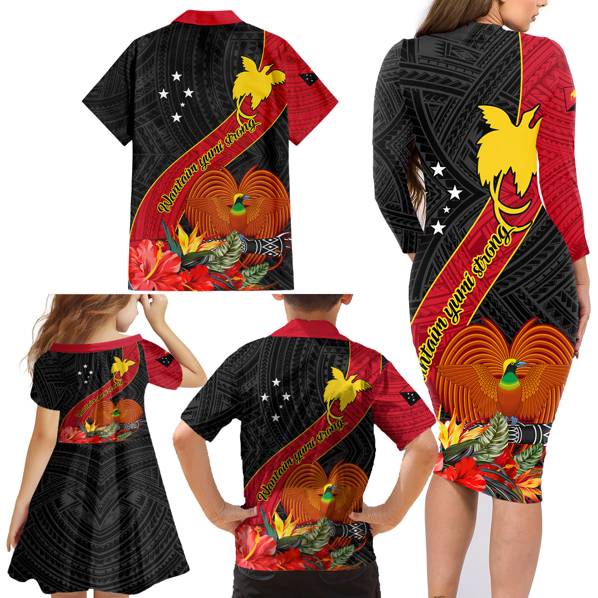 Papua New Guinea Family Matching Long Sleeve Bodycon Dress and Hawaiian Shirt Bird Of Paradise With Tropical Flower - Wonder Print Shop