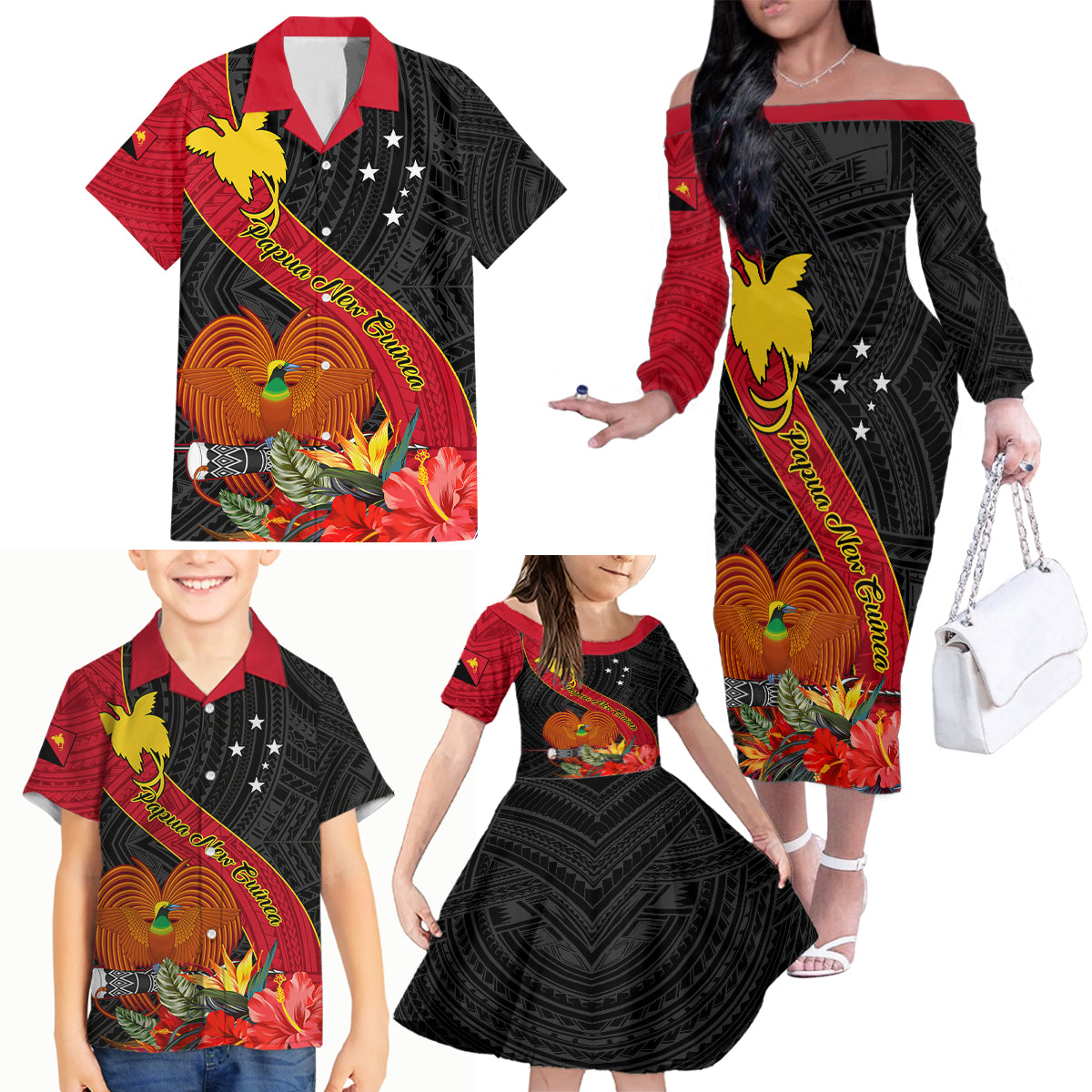 Papua New Guinea Family Matching Off Shoulder Long Sleeve Dress and Hawaiian Shirt Bird Of Paradise With Tropical Flower - Wonder Print Shop