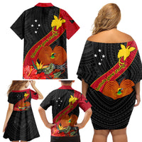 Papua New Guinea Family Matching Off Shoulder Short Dress and Hawaiian Shirt Bird Of Paradise With Tropical Flower - Wonder Print Shop