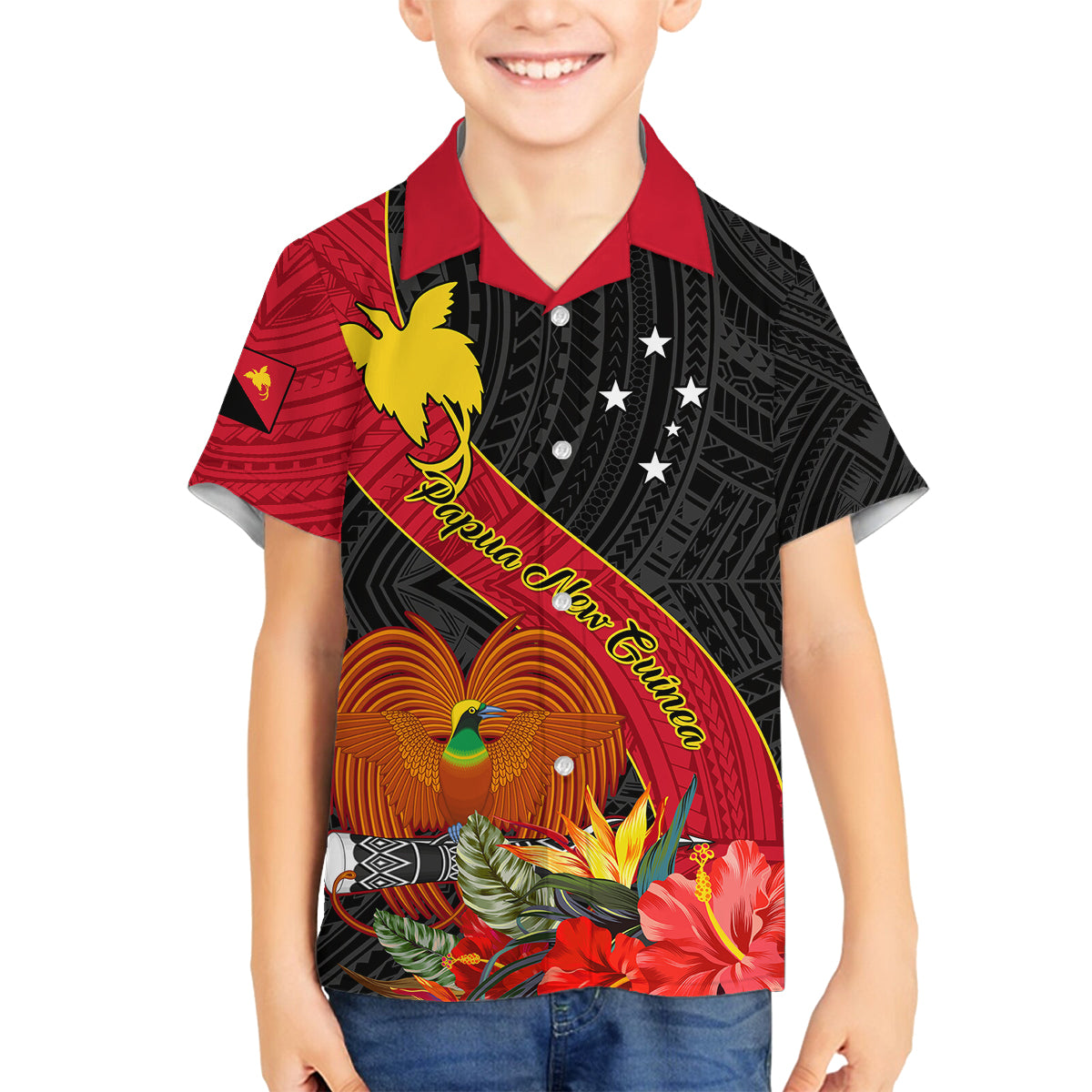 Papua New Guinea Family Matching Off Shoulder Short Dress and Hawaiian Shirt Bird Of Paradise With Tropical Flower - Wonder Print Shop