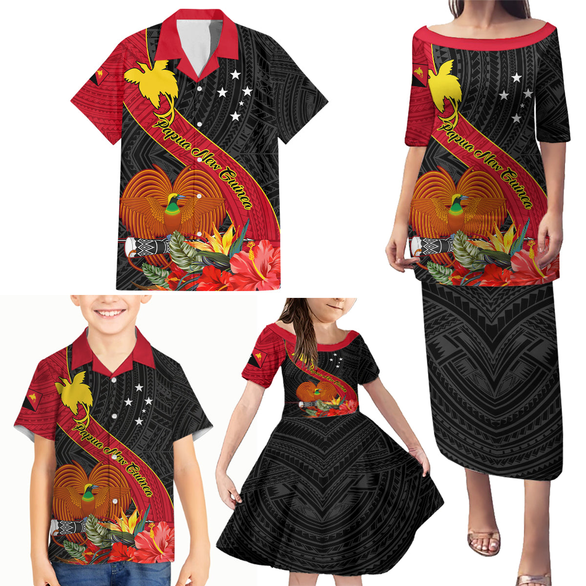 Papua New Guinea Family Matching Puletasi Dress and Hawaiian Shirt Bird Of Paradise With Tropical Flower - Wonder Print Shop