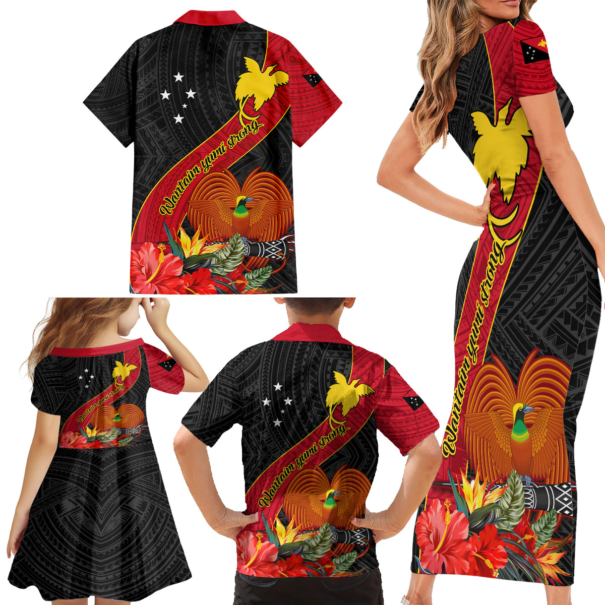 Papua New Guinea Family Matching Short Sleeve Bodycon Dress and Hawaiian Shirt Bird Of Paradise With Tropical Flower - Wonder Print Shop