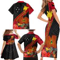 Papua New Guinea Family Matching Short Sleeve Bodycon Dress and Hawaiian Shirt Bird Of Paradise With Tropical Flower - Wonder Print Shop