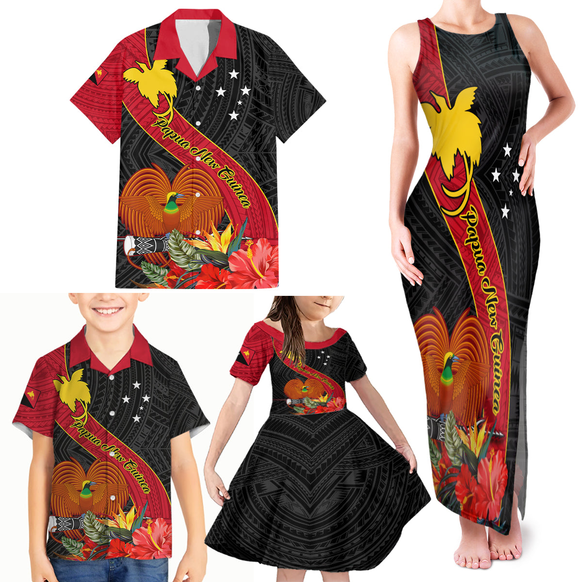 Papua New Guinea Family Matching Tank Maxi Dress and Hawaiian Shirt Bird Of Paradise With Tropical Flower - Wonder Print Shop