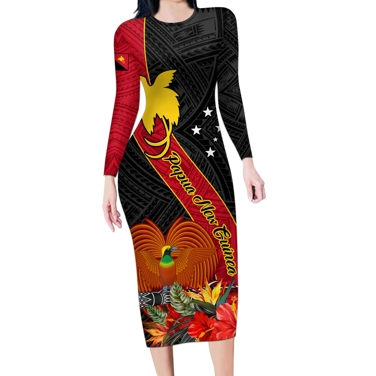 Papua New Guinea Long Sleeve Bodycon Dress Bird Of Paradise With Tropical Flower - Wonder Print Shop