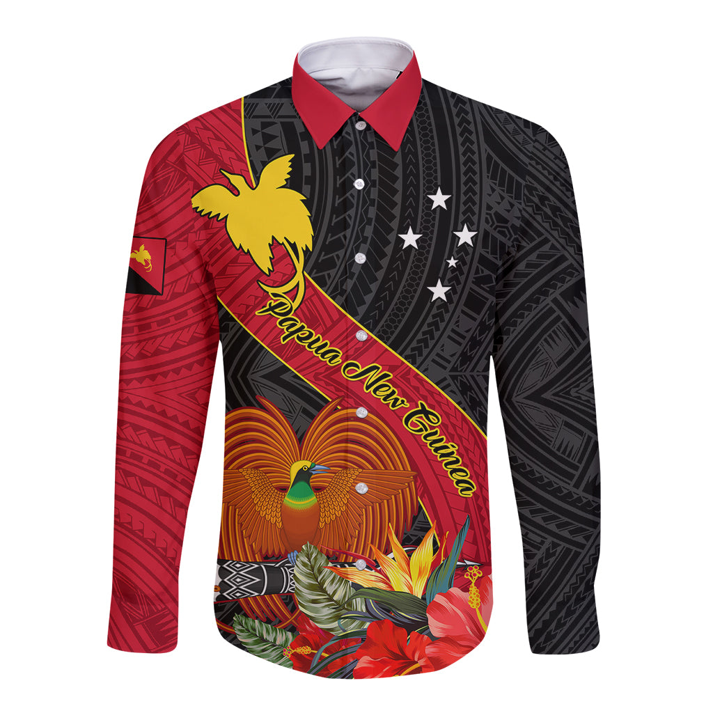 Papua New Guinea Long Sleeve Button Shirt Bird Of Paradise With Tropical Flower - Wonder Print Shop