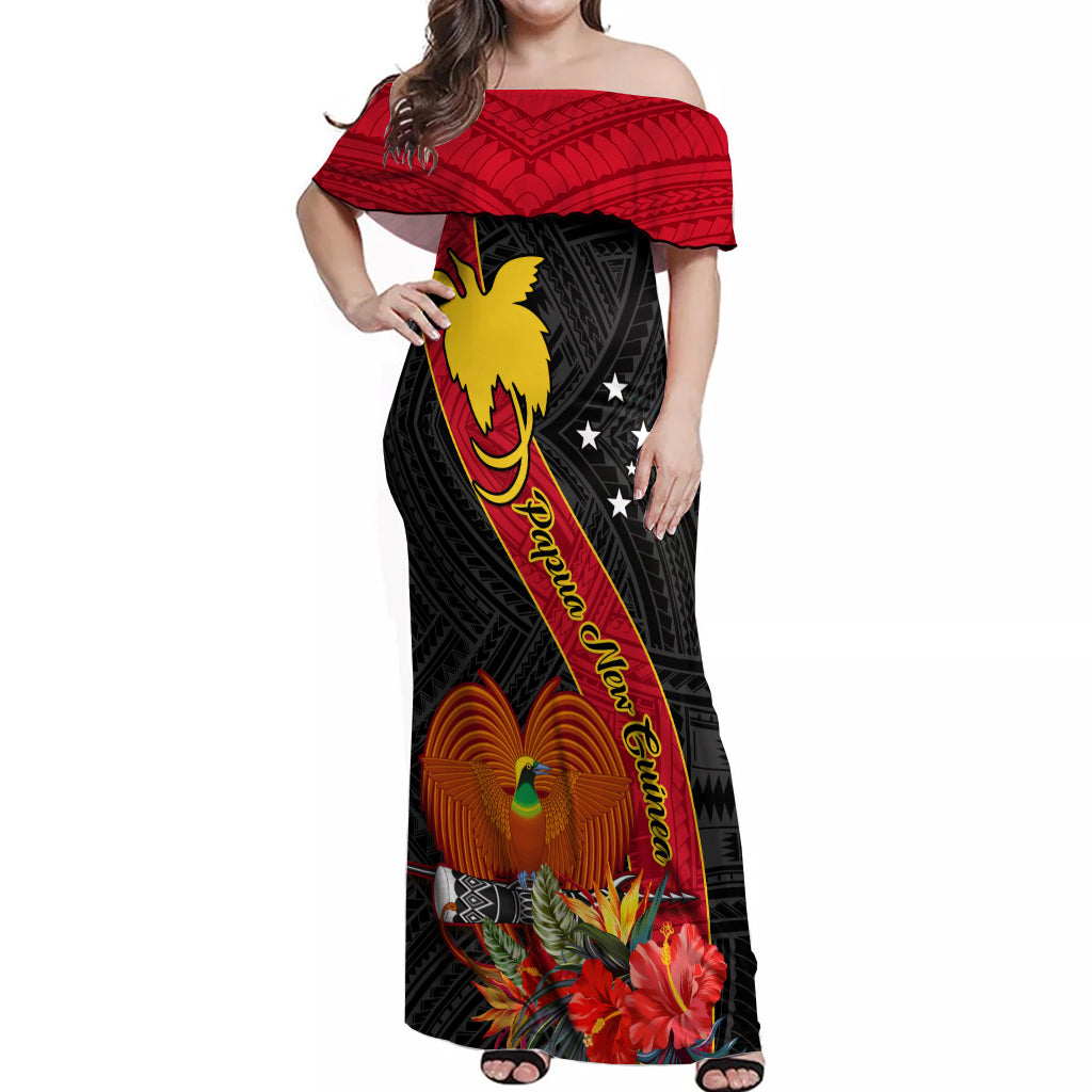 Papua New Guinea Off Shoulder Maxi Dress Bird Of Paradise With Tropical Flower - Wonder Print Shop