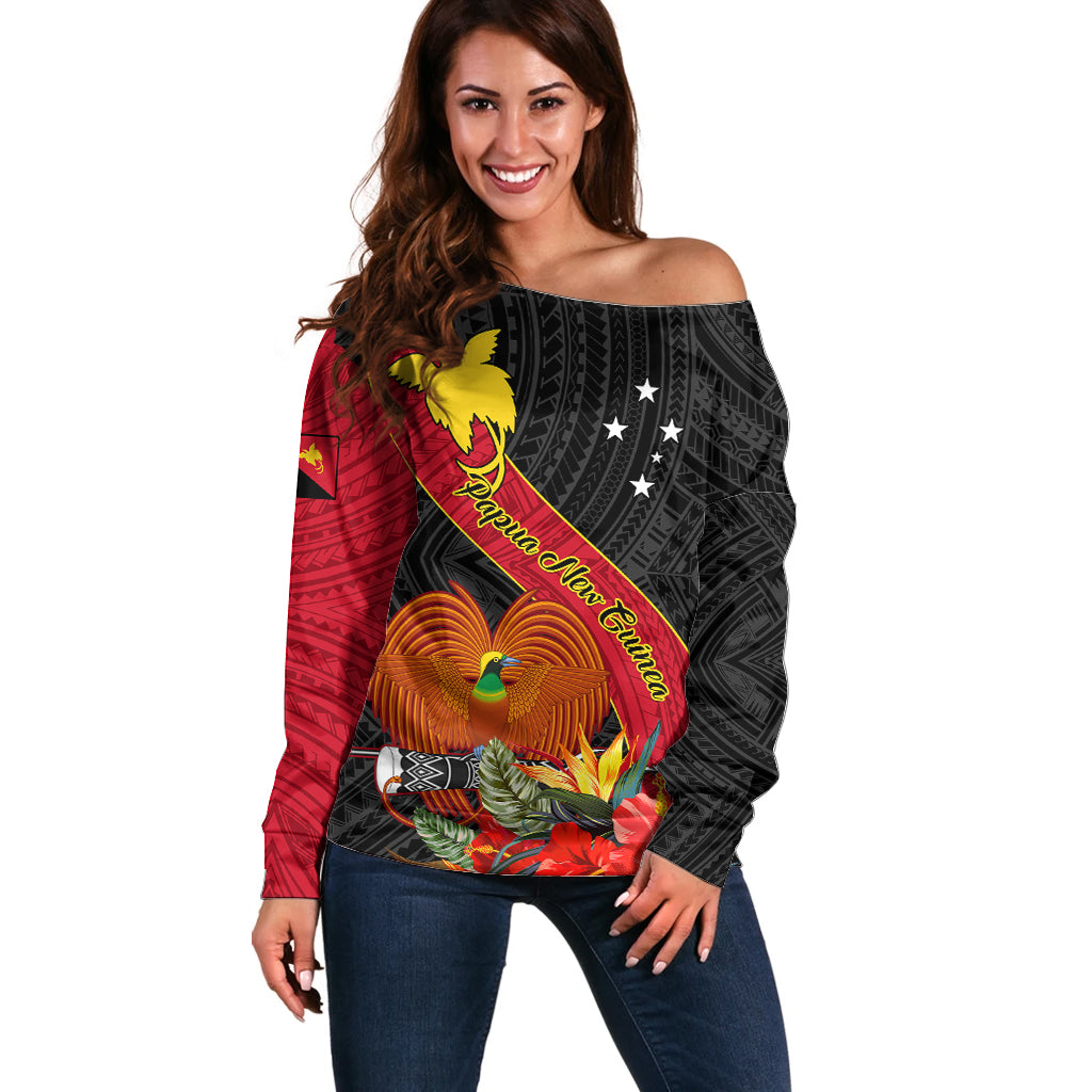 Papua New Guinea Off Shoulder Sweater Bird Of Paradise With Tropical Flower - Wonder Print Shop