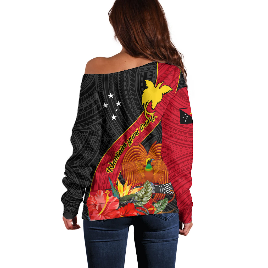 Papua New Guinea Off Shoulder Sweater Bird Of Paradise With Tropical Flower - Wonder Print Shop