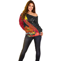 Papua New Guinea Off Shoulder Sweater Bird Of Paradise With Tropical Flower - Wonder Print Shop