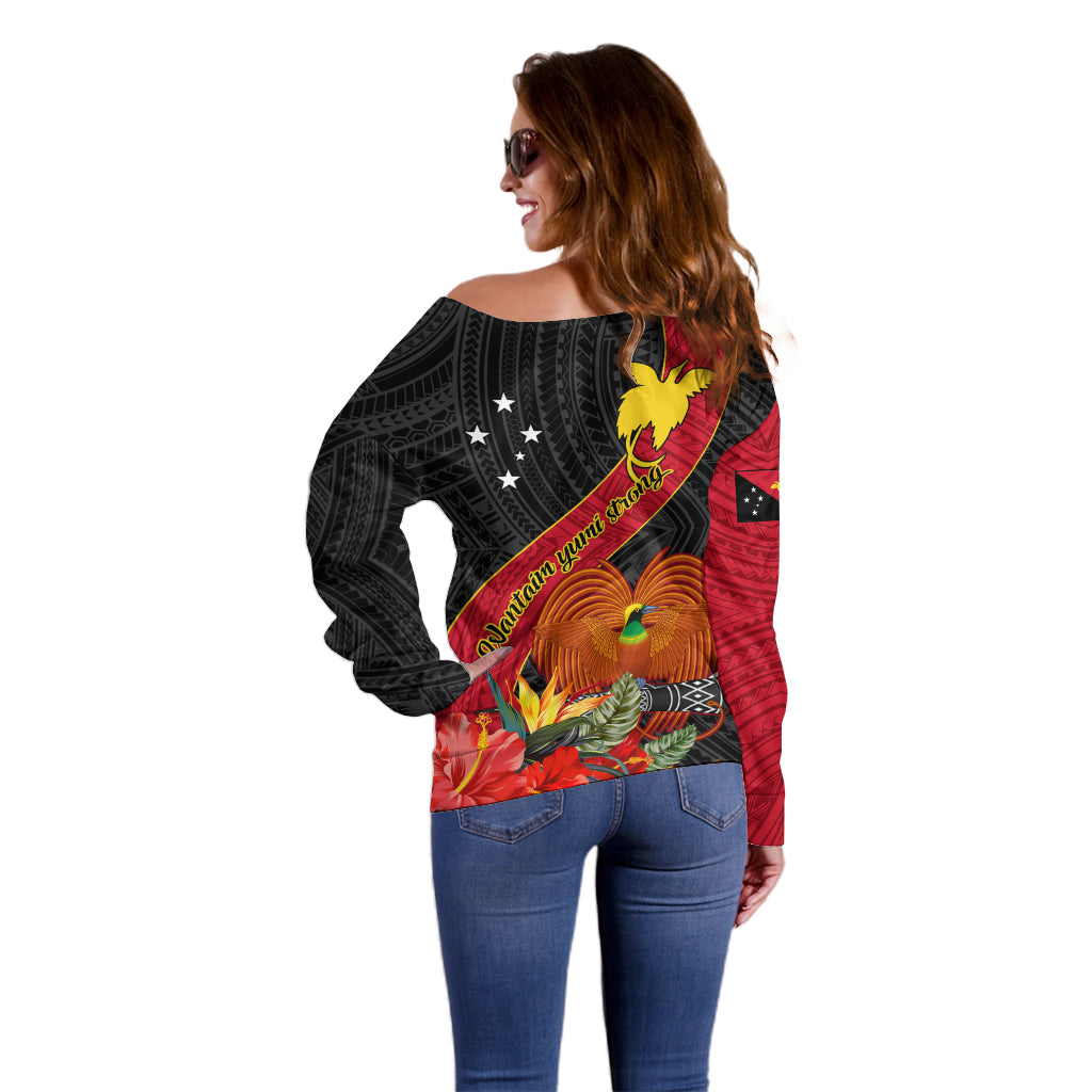 Papua New Guinea Off Shoulder Sweater Bird Of Paradise With Tropical Flower - Wonder Print Shop
