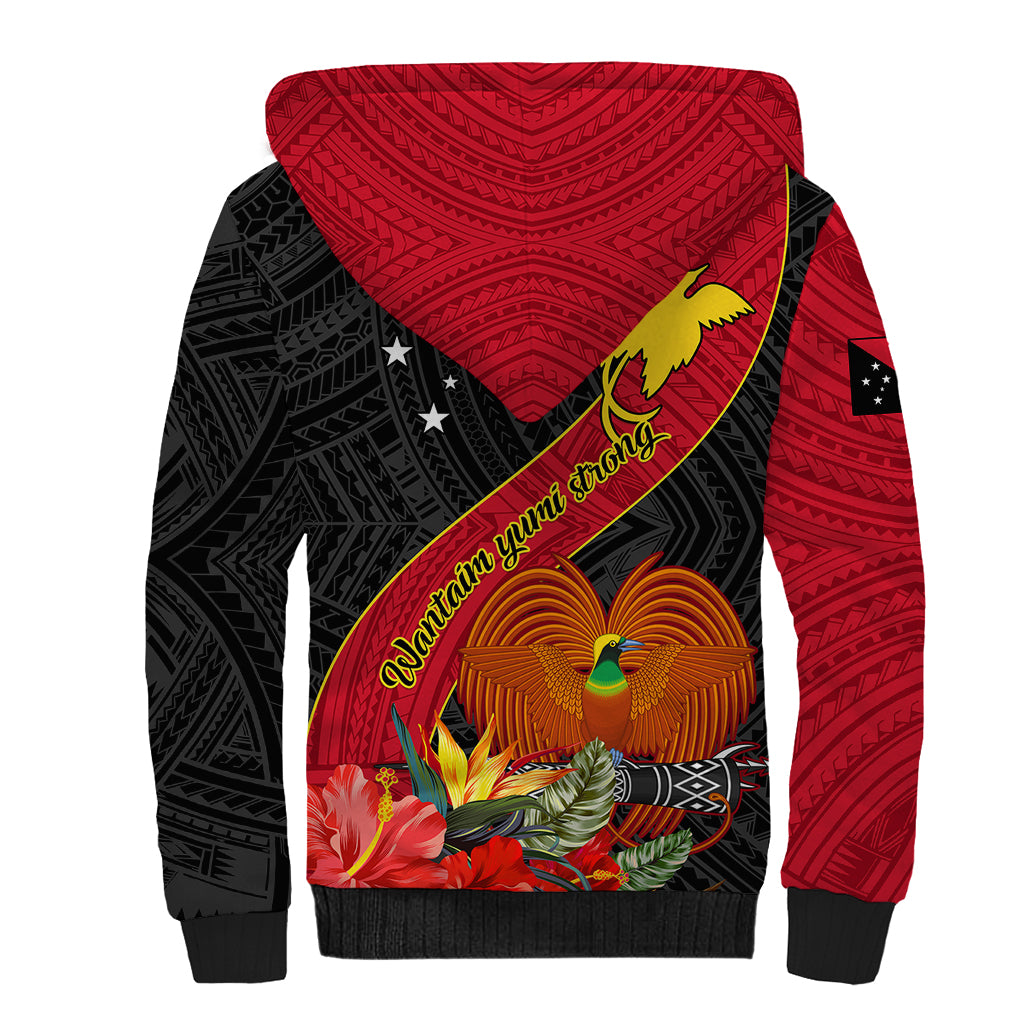 Papua New Guinea Sherpa Hoodie Bird Of Paradise With Tropical Flower - Wonder Print Shop